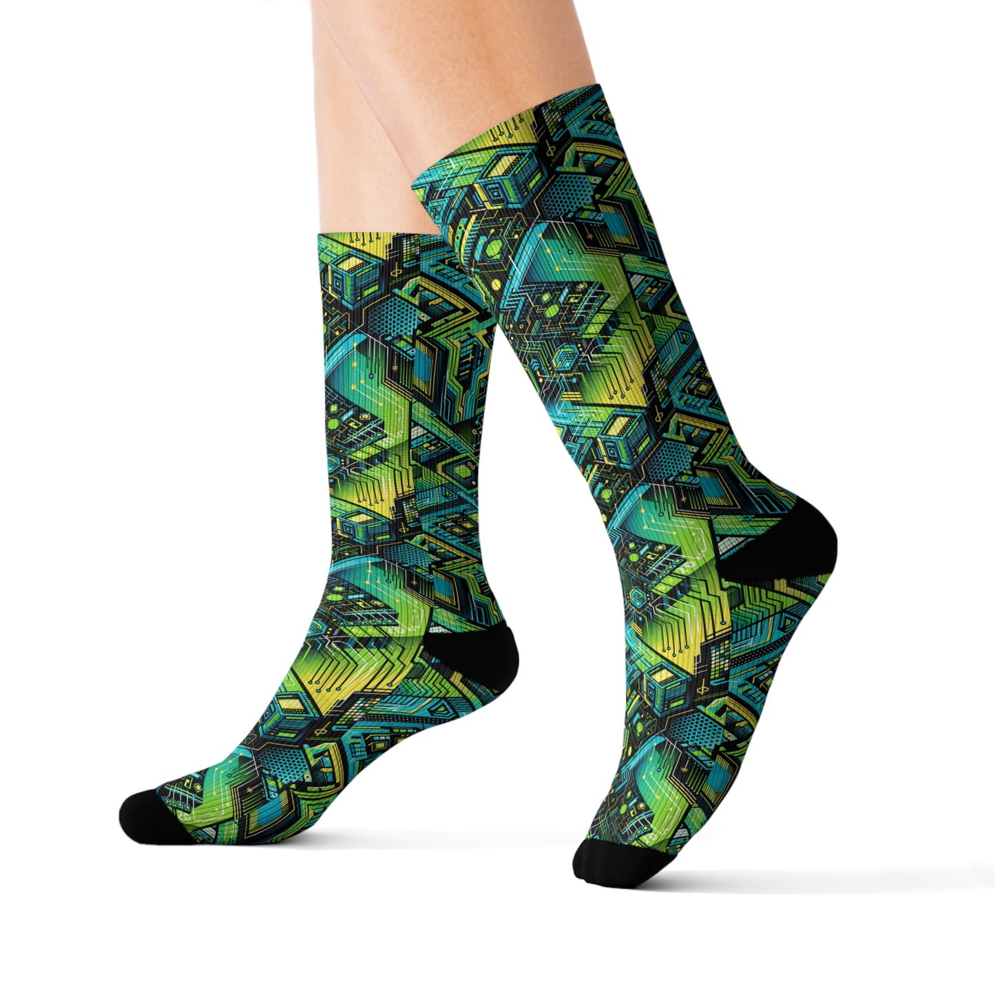 Tech-Infused Neon Tech-Forward Streetwear Sublimation Socks - 8404 Design-38