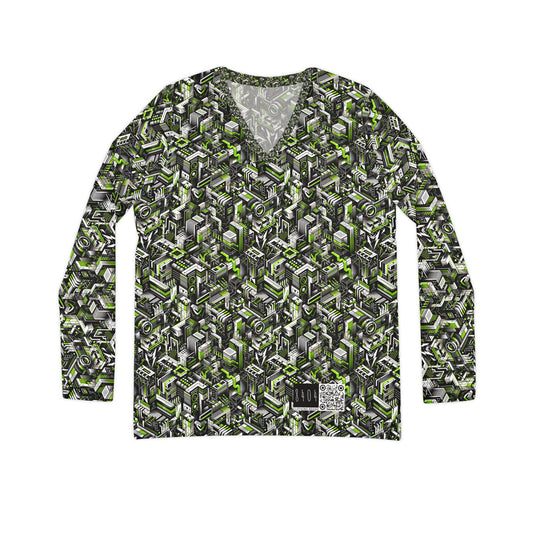 Graffiti Tech Fusion Bold Streetwear Fusion Women's Long Sleeve V-Neck Shirt - 8404 Design-53