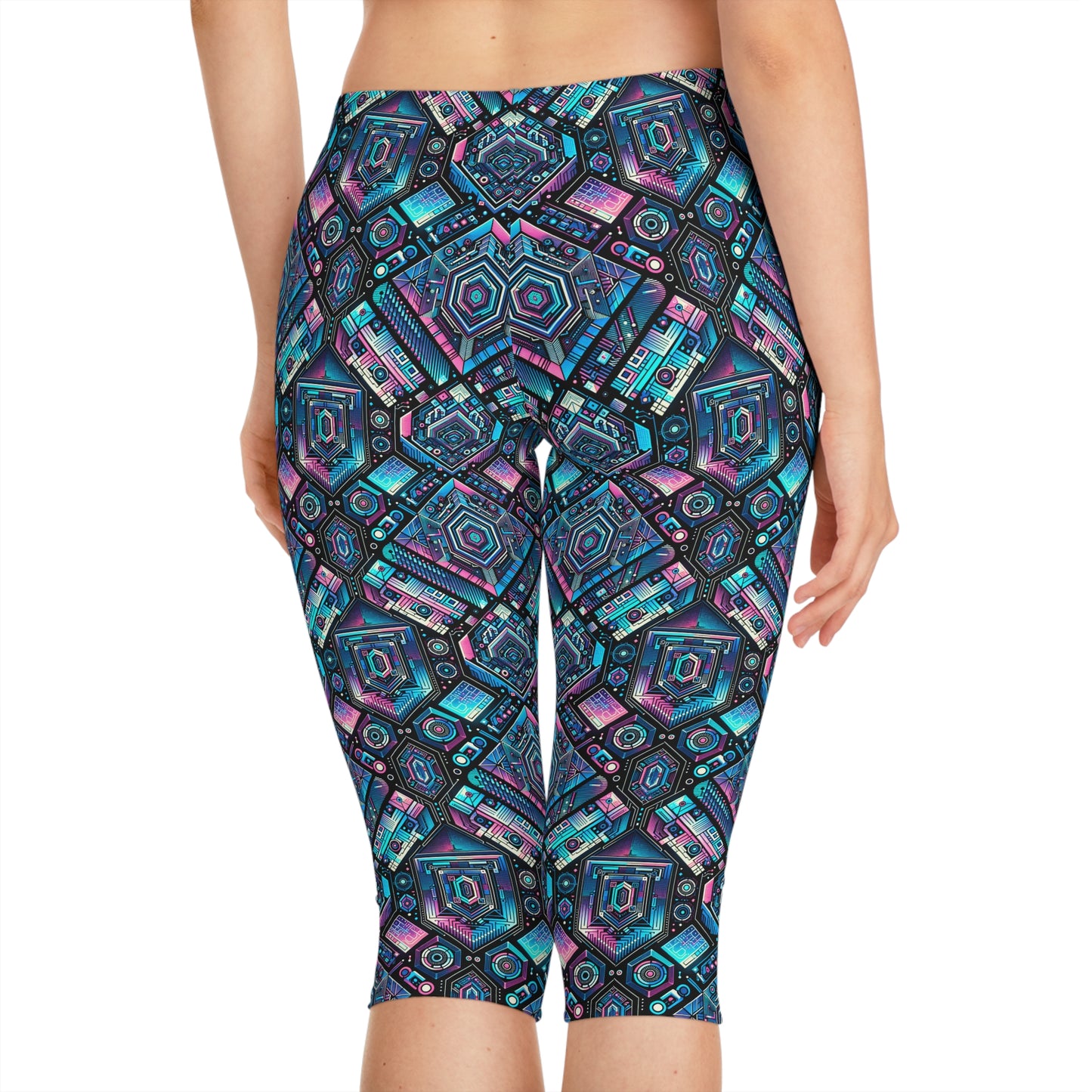 Digital Dreamland Futuristic Tech Aesthetic Women's Capri Leggings - 8404 Design-46