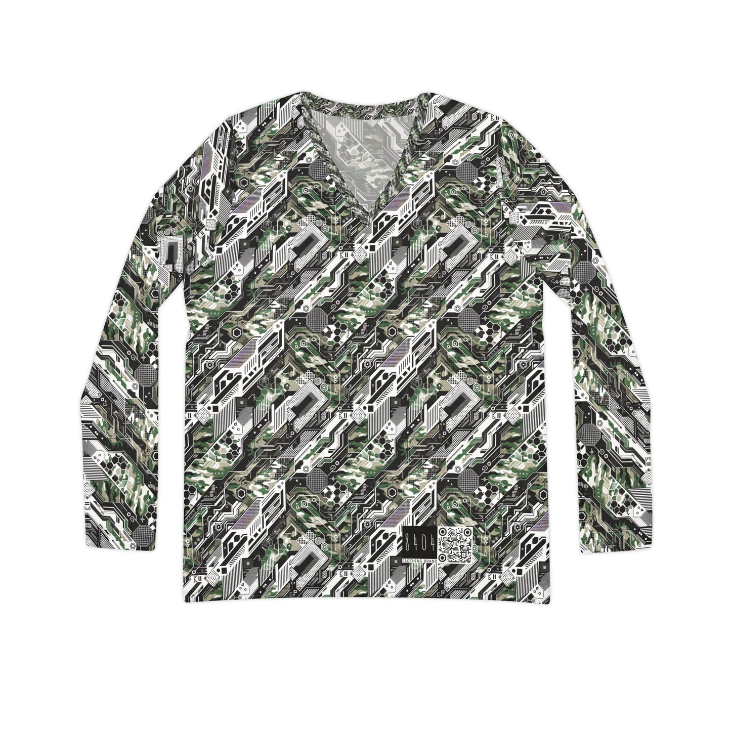 Tech Camo Fusion Tech-Forward Streetwear With a Futuristic Edge Women's Long Sleeve V-Neck Shirt - 8404 Design-46