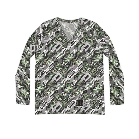 Tech Camo Fusion Tech-Forward Streetwear With a Futuristic Edge Women's Long Sleeve V-Neck Shirt - 8404 Design-46