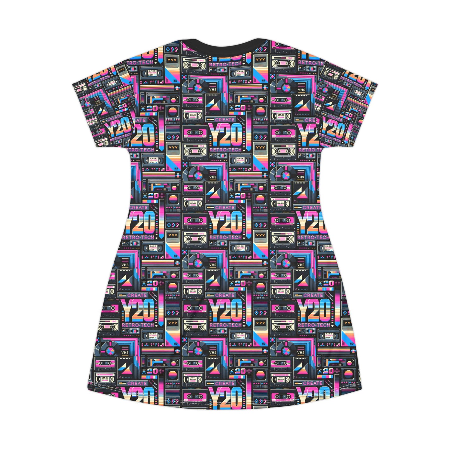 Digital Nostalgia Tech-Inspired Retro Fusion T-Shirt Dress - 8404 Design-65