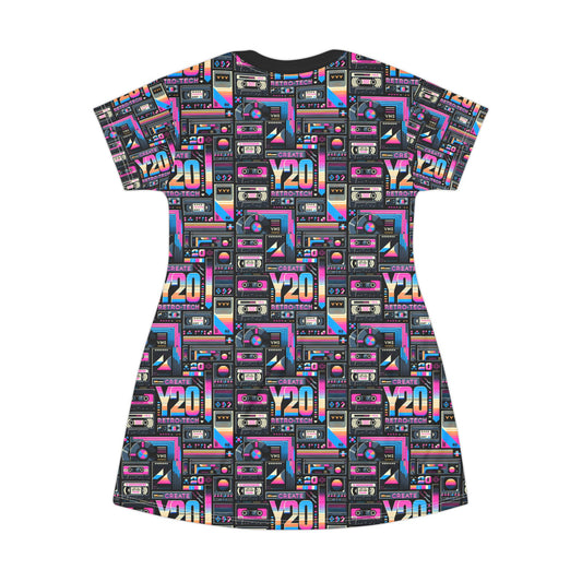 Digital Nostalgia Tech-Inspired Retro Fusion T-Shirt Dress - 8404 Design-65