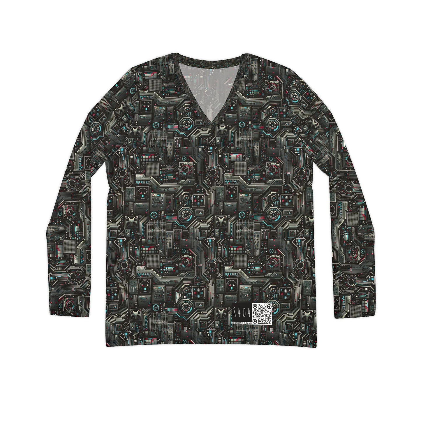 Tech Noir Aesthetics Sleek Tech Streetwear Women's Long Sleeve V-Neck Shirt - 8404 Design-52