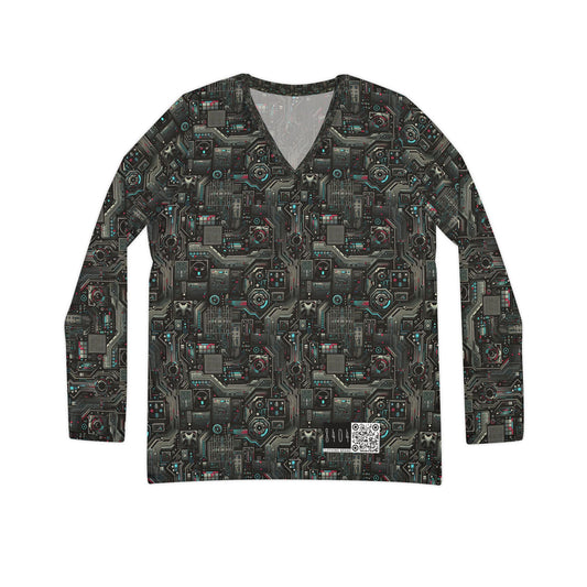 Tech Noir Aesthetics Sleek Tech Streetwear Women's Long Sleeve V-Neck Shirt - 8404 Design-52