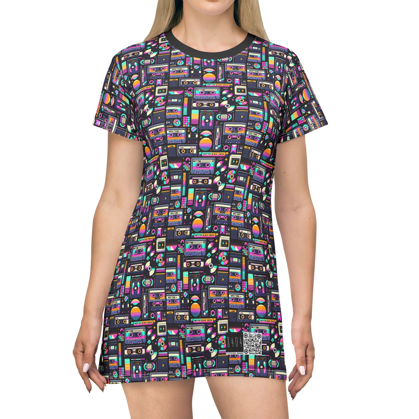 Digital Nostalgia Tech-Inspired Retro Fusion T-Shirt Dress - 8404 Design-48