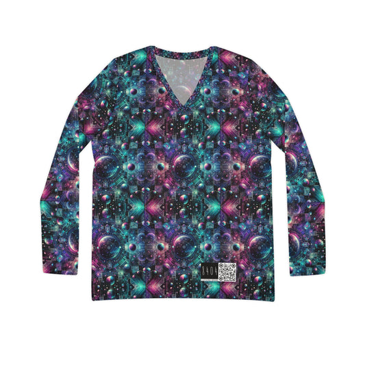 Galactic Hues Tech-Forward Cosmic Fusion Women's Long Sleeve V-Neck Shirt - 8404 Design-59