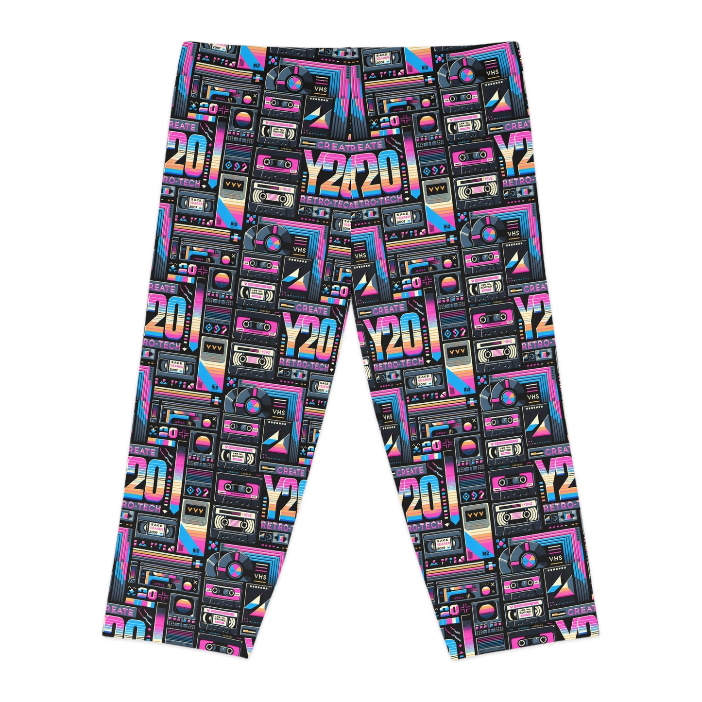 Digital Nostalgia Tech-Inspired Retro Fusion Women's Capri Leggings - 8404 Design-65