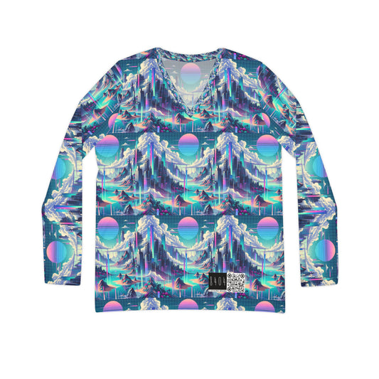 Digital Dreamscapes Digitally-Inspired Streetwear With a Dreamy, Surreal Twist Women's Long Sleeve V-Neck Shirt - 8404 Design-53