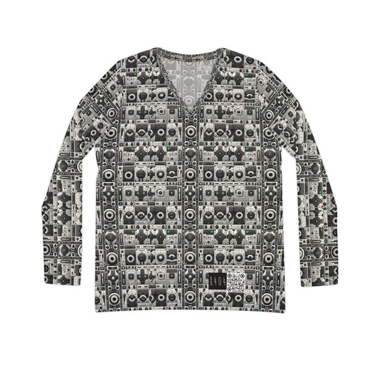 Tech Utility Aesthetics Tech-Forward Minimalism Women's Long Sleeve V-Neck Shirt - 8404 Design-60