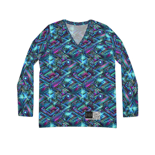 Digital Dreamland Futuristic Tech Aesthetic Women's Long Sleeve V-Neck Shirt - 8404 Design-42