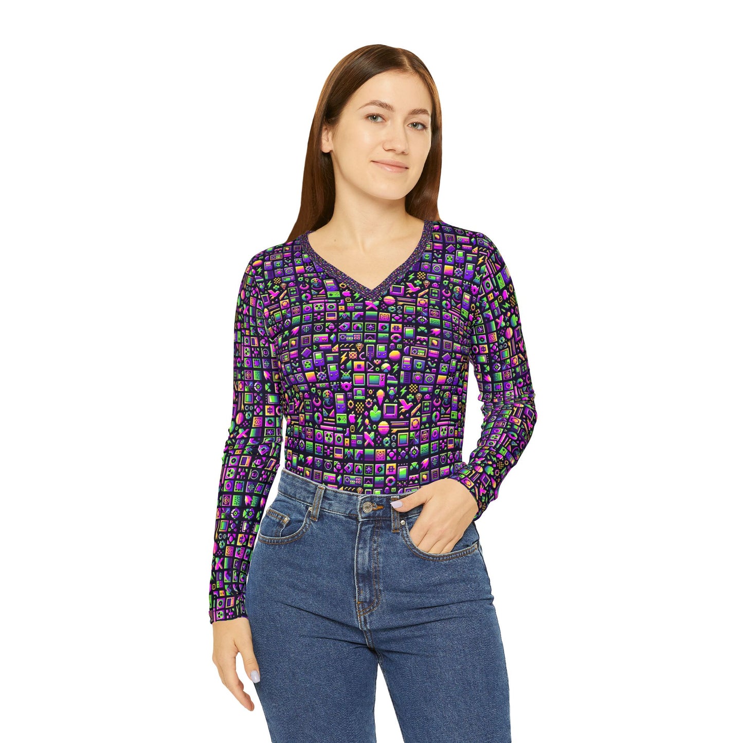 Digital Nostalgia Remix Modern Vintage Fusion Women's Long Sleeve V-Neck Shirt - 8404 Design-49