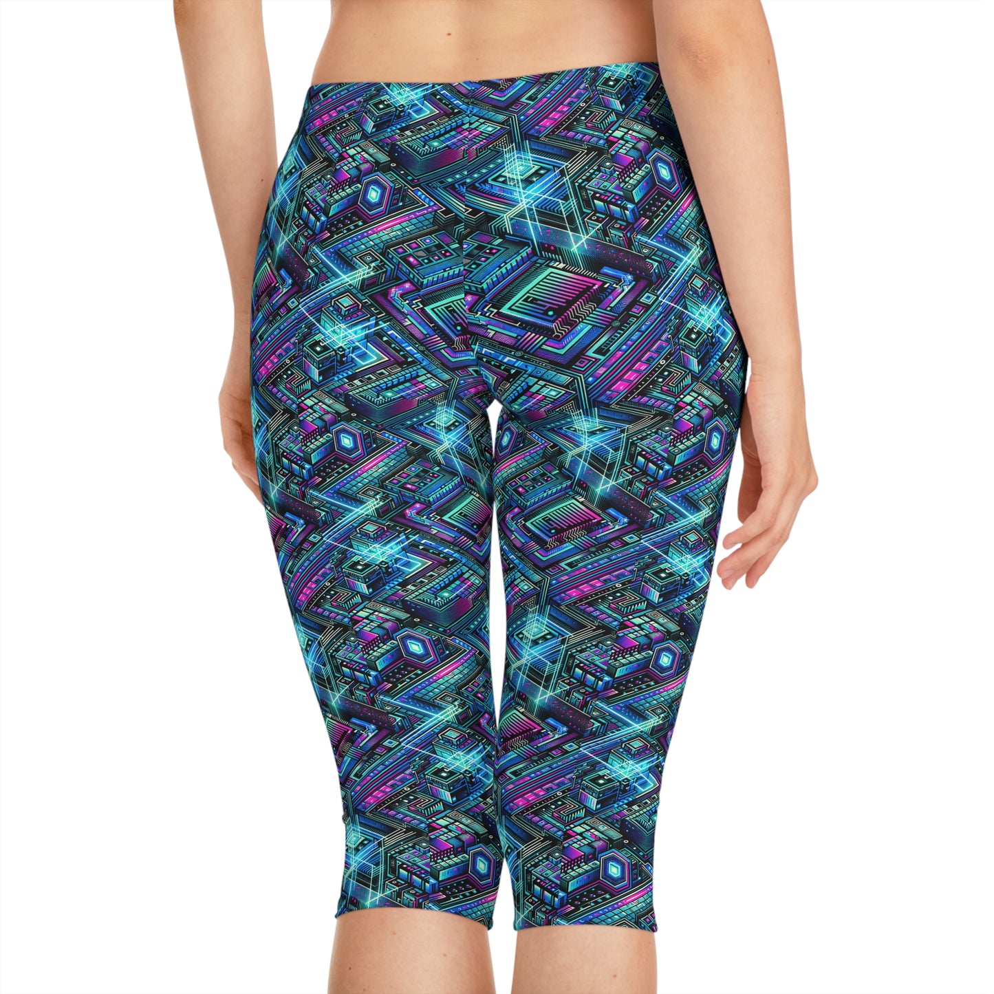 Digital Dreamland Futuristic Tech Aesthetic Women's Capri Leggings - 8404 Design-42