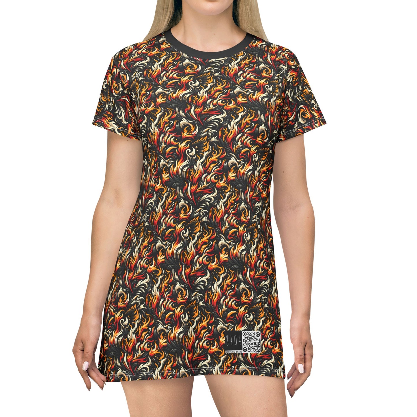 Fire & Flames Bold Streetwear Statement T-Shirt Dress - 8404 Design-55