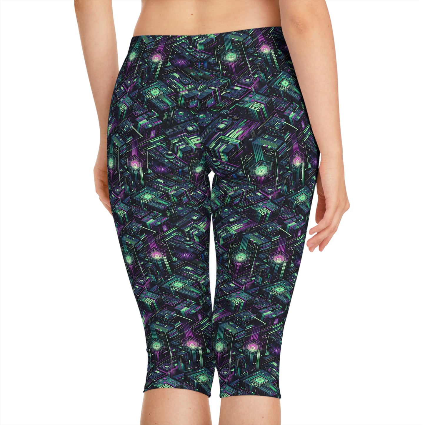 Tech Noir Aesthetics Tech-Forward Urban Dystopia Women's Capri Leggings - 8404 Design-43