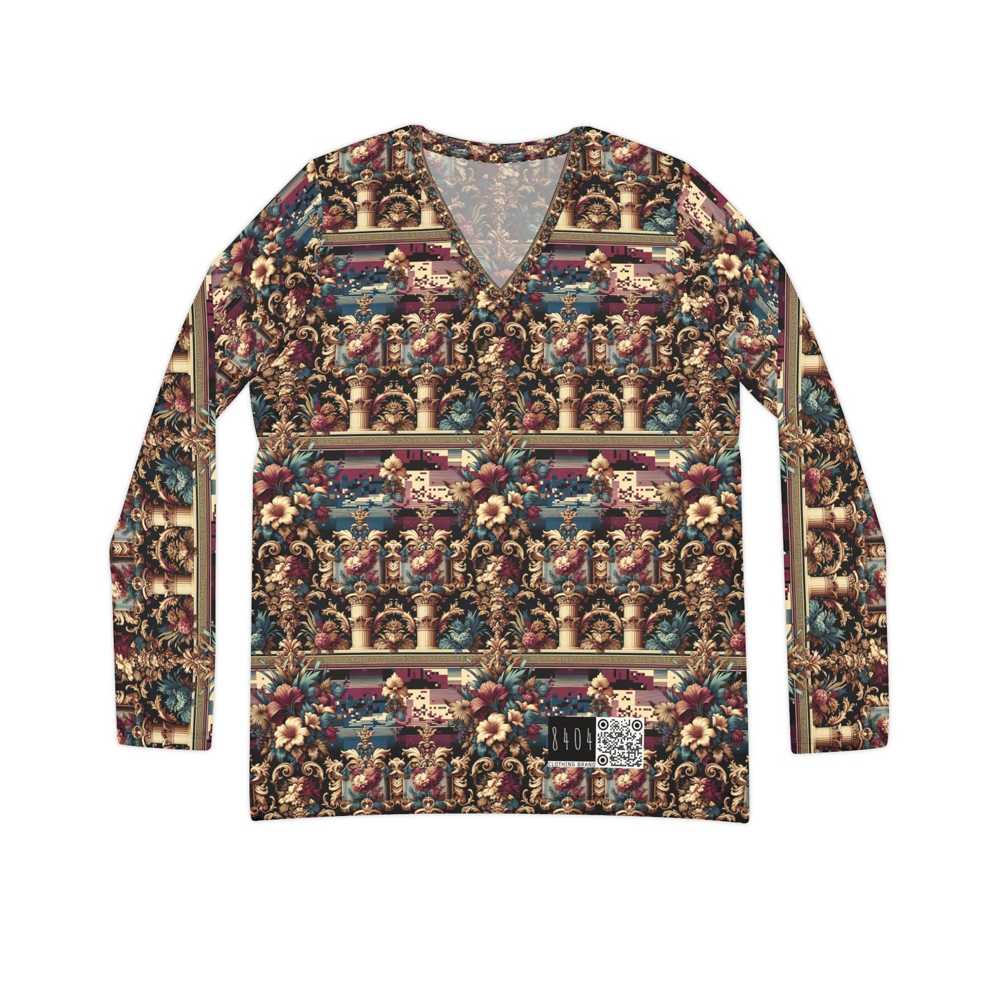 Digital Renaissance Modern Baroque Fusion Women's Long Sleeve V-Neck Shirt - 8404 Design-58