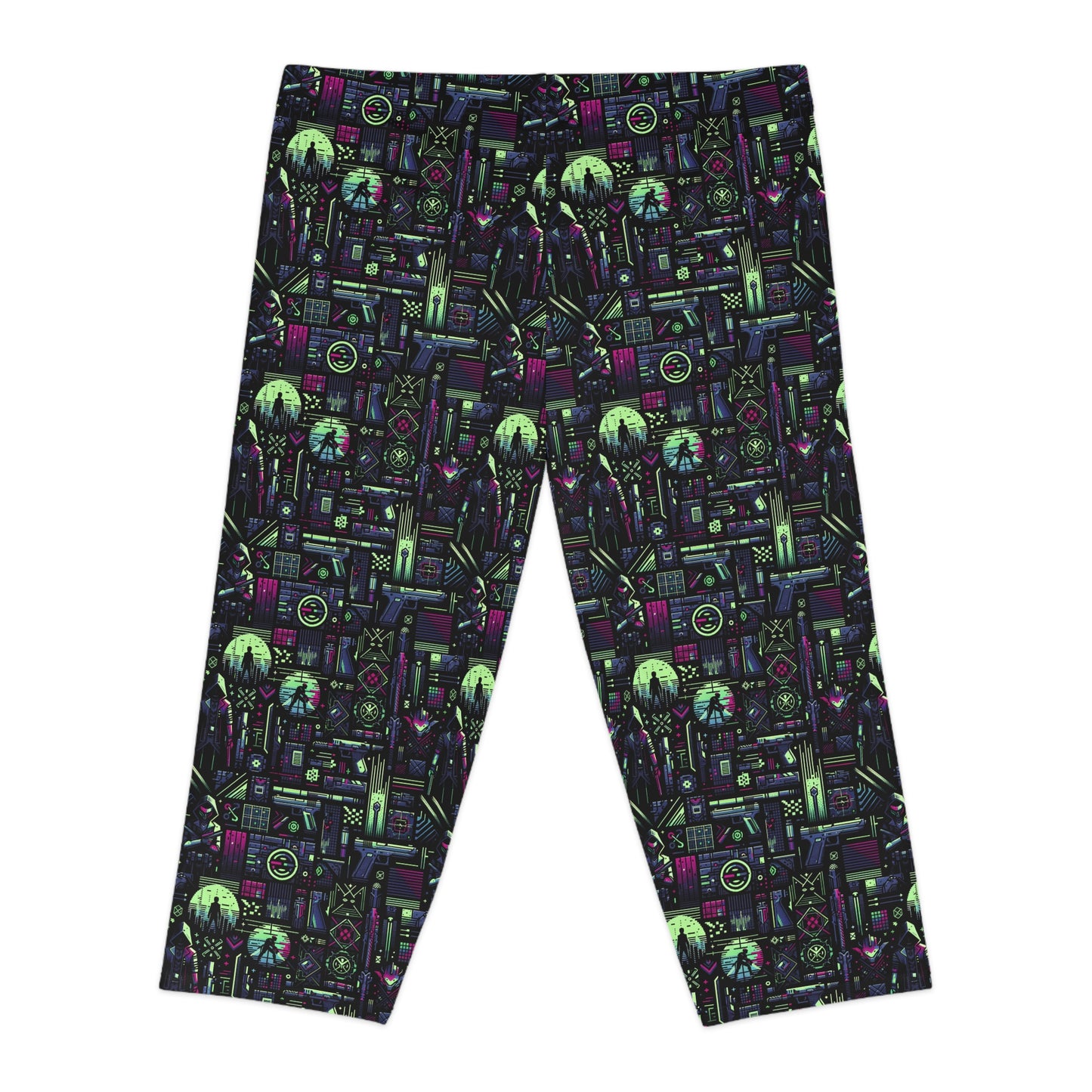 Tech Noir Futuristic Cyberpunk Women's Capri Leggings - 8404 Design-63