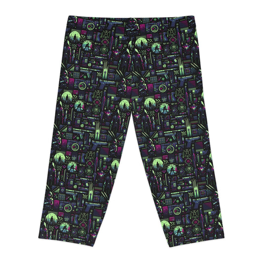 Tech Noir Futuristic Cyberpunk Women's Capri Leggings - 8404 Design-63