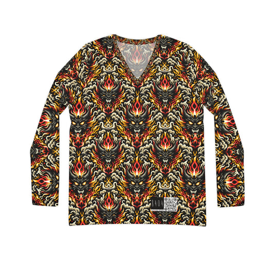 Flame Graphics Maximalist Streetwear Women's Long Sleeve V-Neck Shirt - 8404 Design-59
