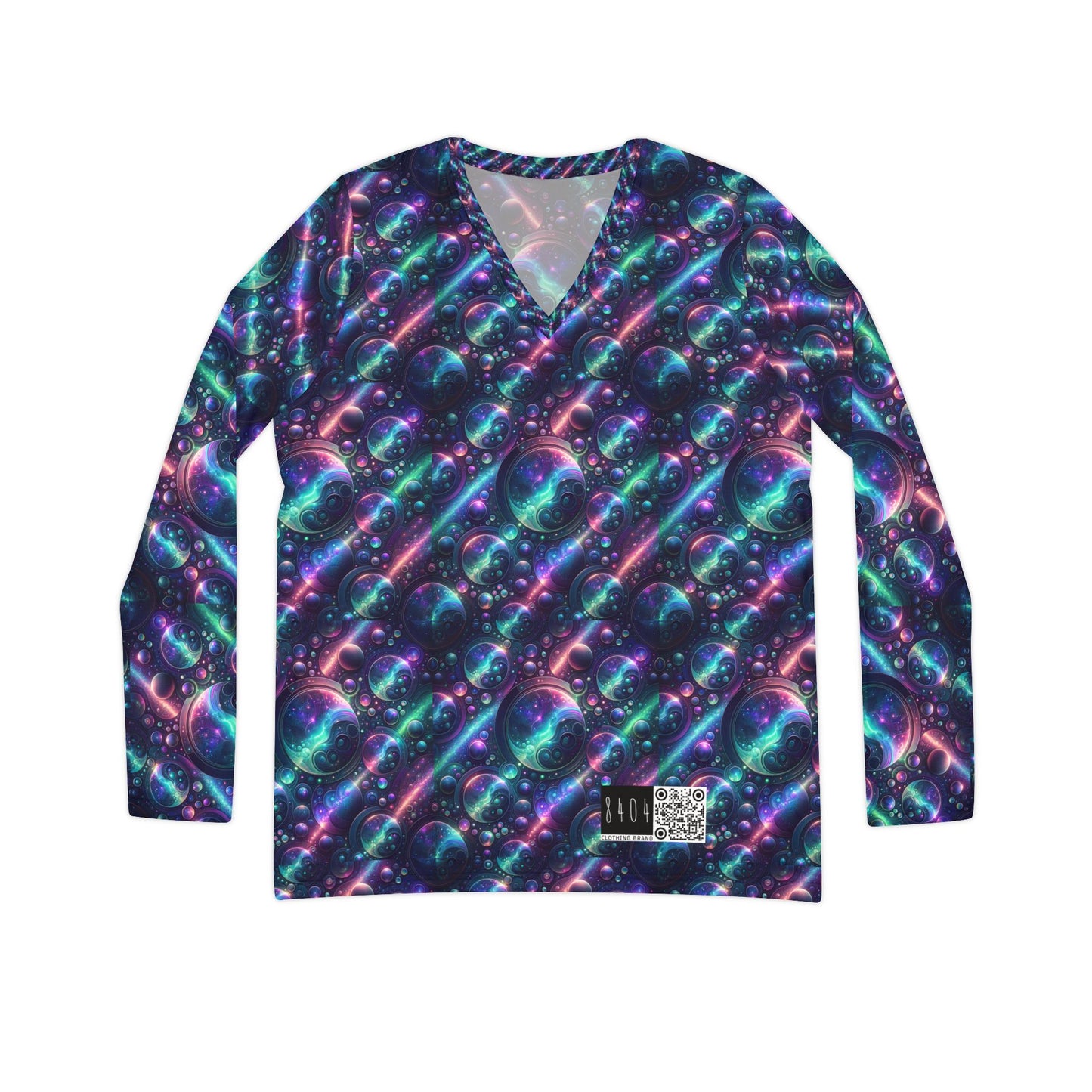 Iridescent Tech Fusion Tech-Forward Streetwear Women's Long Sleeve V-Neck Shirt - 8404 Design-51