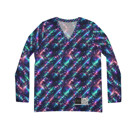 Iridescent Tech Fusion Tech-Forward Streetwear Women's Long Sleeve V-Neck Shirt - 8404 Design-51