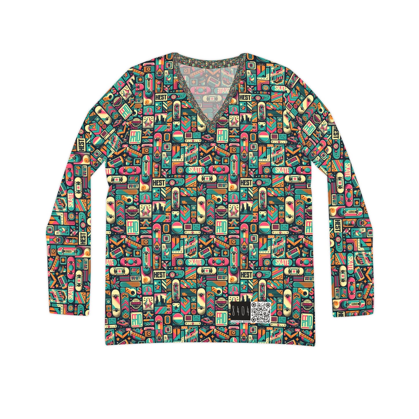 Skate Culture Revival Urban Retro Cool Women's Long Sleeve V-Neck Shirt - 8404 Design-61
