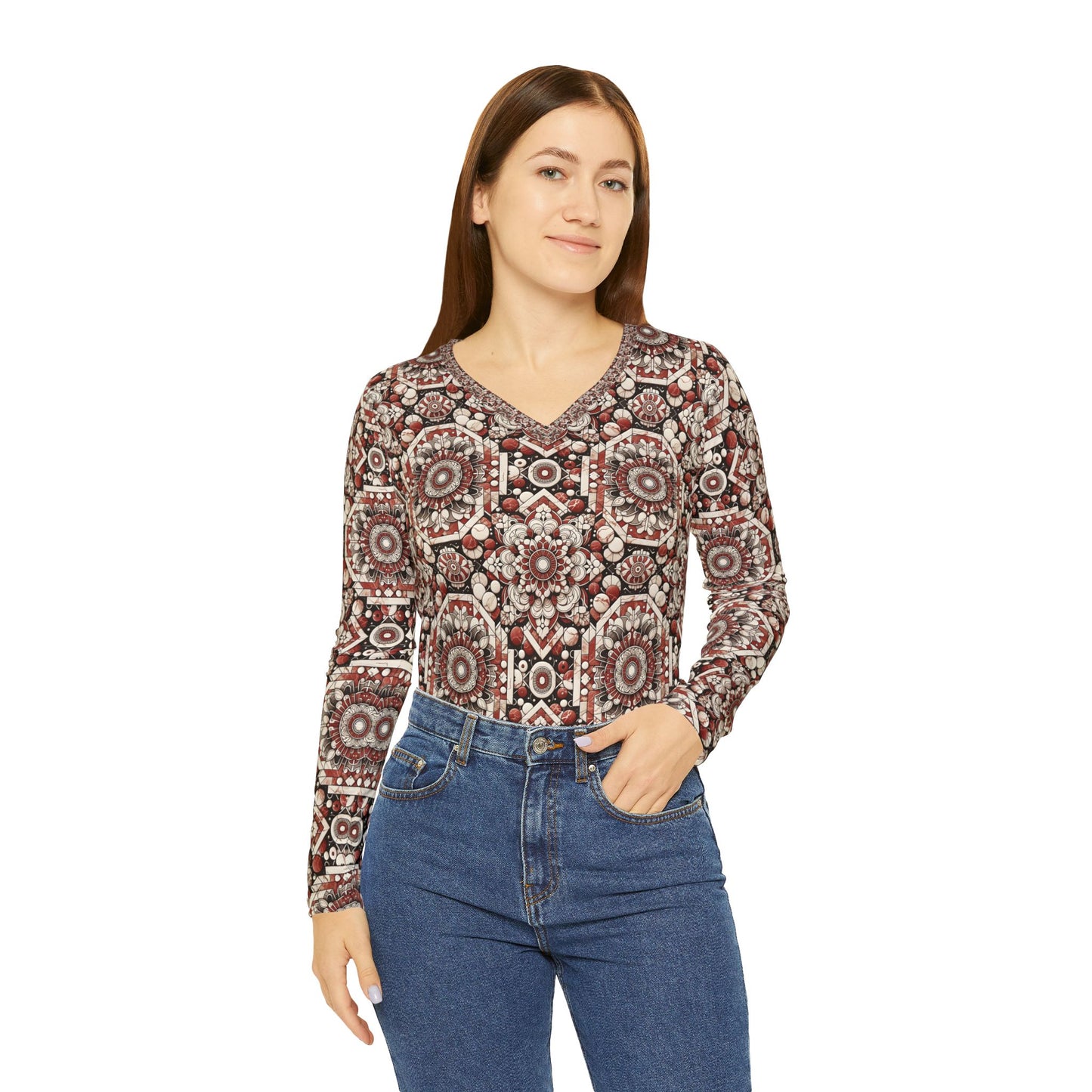 Neo Jomon Sculptural Aesthetics Artisanal Streetwear Women's Long Sleeve V-Neck Shirt - 8404 Design-55