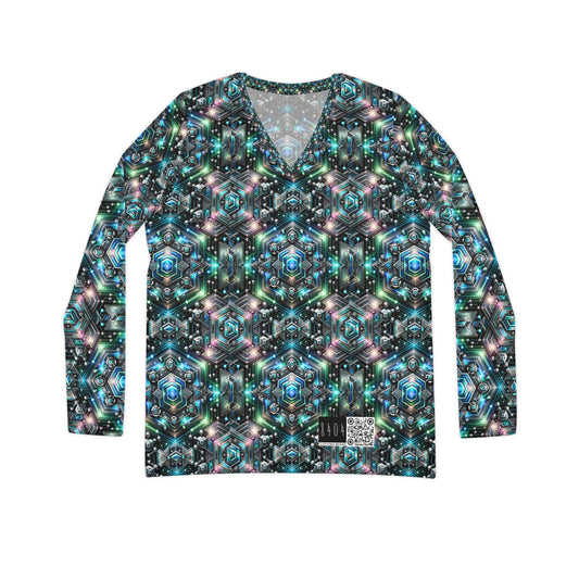 Tech-Infused Futurism Futuristic Tech Women's Long Sleeve V-Neck Shirt - 8404 Design-63