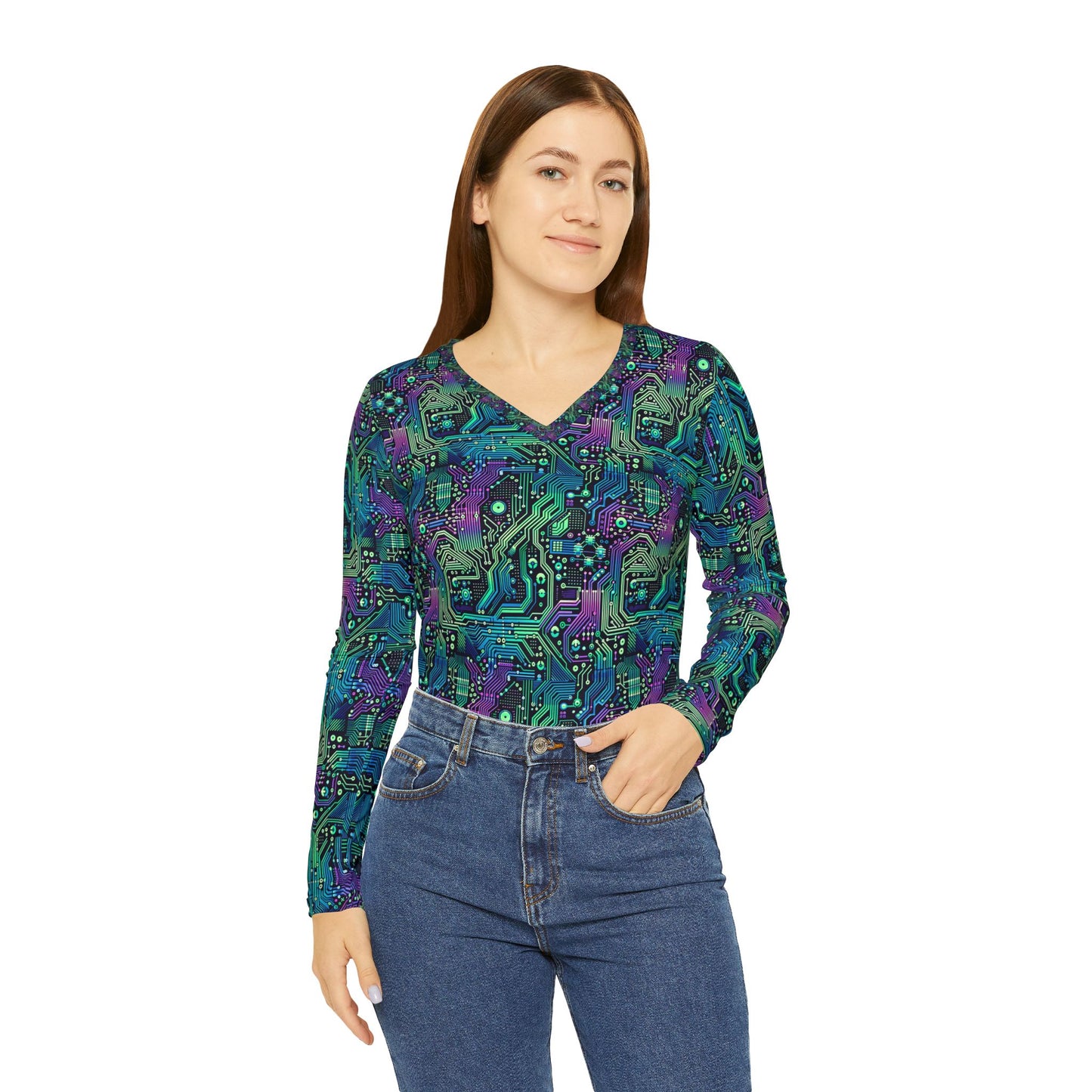 Tech-Infused Neon Tech-Forward Streetwear Women's Long Sleeve V-Neck Shirt - 8404 Design-66