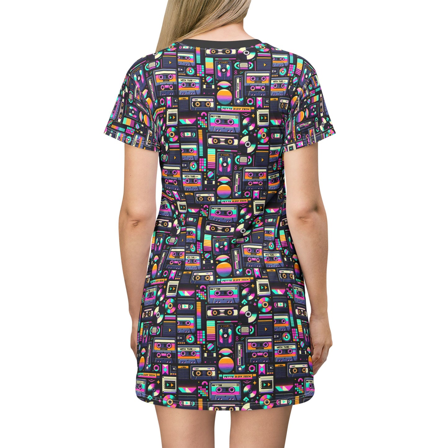 Digital Nostalgia Tech-Inspired Retro Fusion T-Shirt Dress - 8404 Design-48