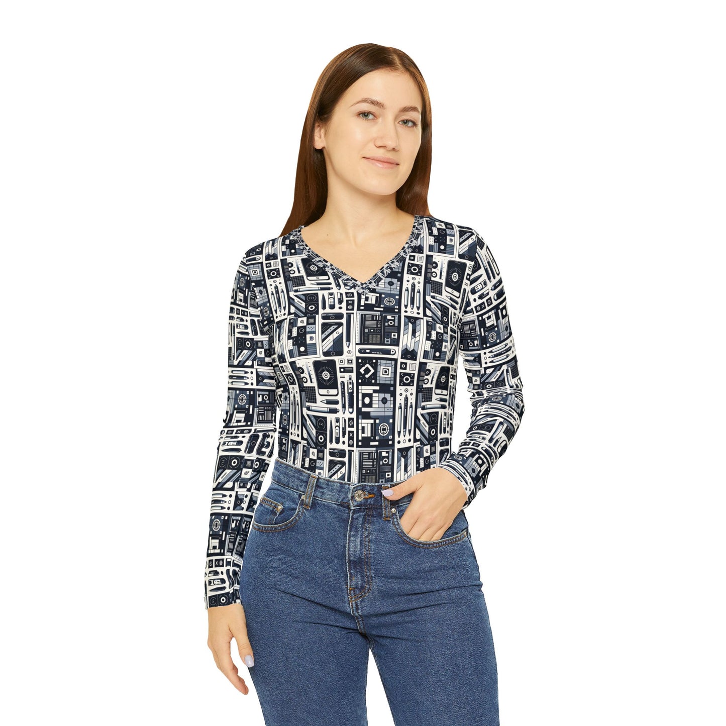 Minimalist Athleisure Minimalist Tech Women's Long Sleeve V-Neck Shirt - 8404 Design-60