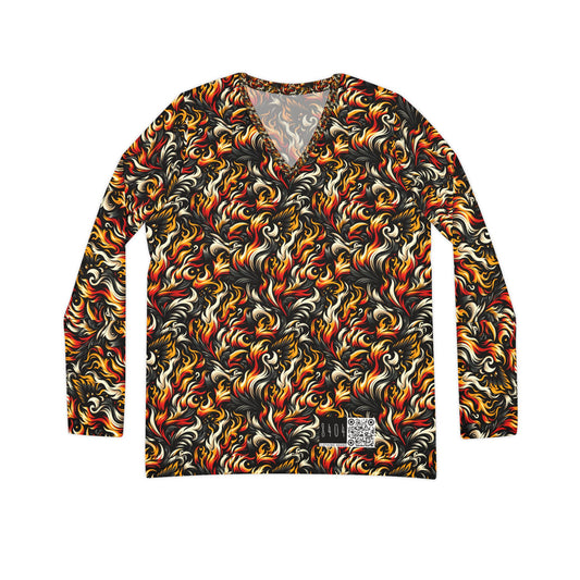Fire & Flames Bold Streetwear Statement Women's Long Sleeve V-Neck Shirt - 8404 Design-55