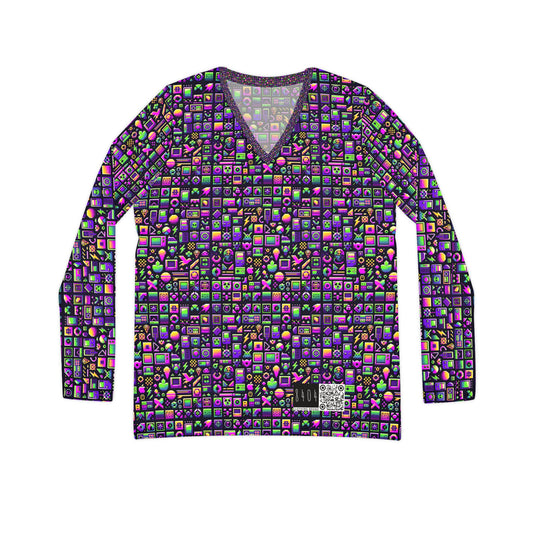 Digital Nostalgia Remix Modern Vintage Fusion Women's Long Sleeve V-Neck Shirt - 8404 Design-49