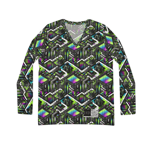 Retro Futurism Graphics Tech-Forward Streetwear Women's Long Sleeve V-Neck Shirt - 8404 Design-52