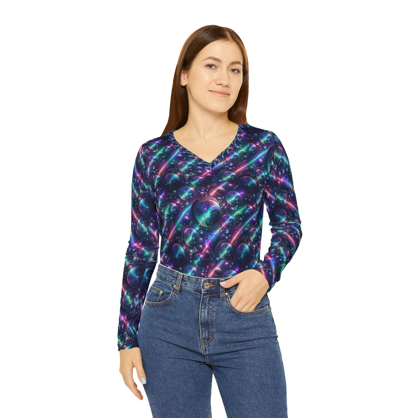 Iridescent Tech Fusion Tech-Forward Streetwear Women's Long Sleeve V-Neck Shirt - 8404 Design-51
