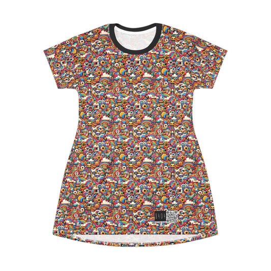 Neon Pop Playful Pop Culture Mashup T-Shirt Dress - 8404 Design-62