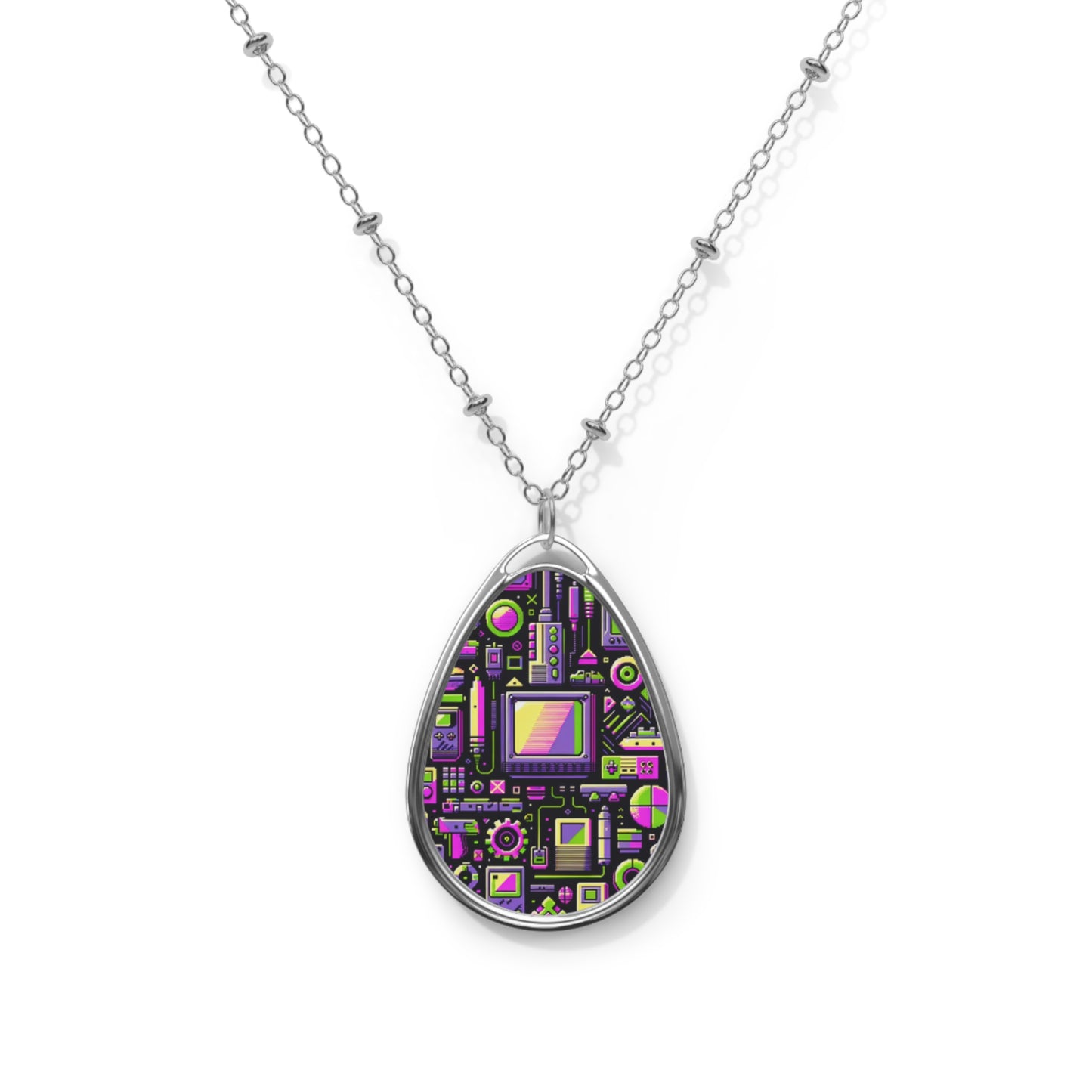Digital Nostalgia Remix Modern Vintage Fusion Oval Necklace - 8404 Design-67