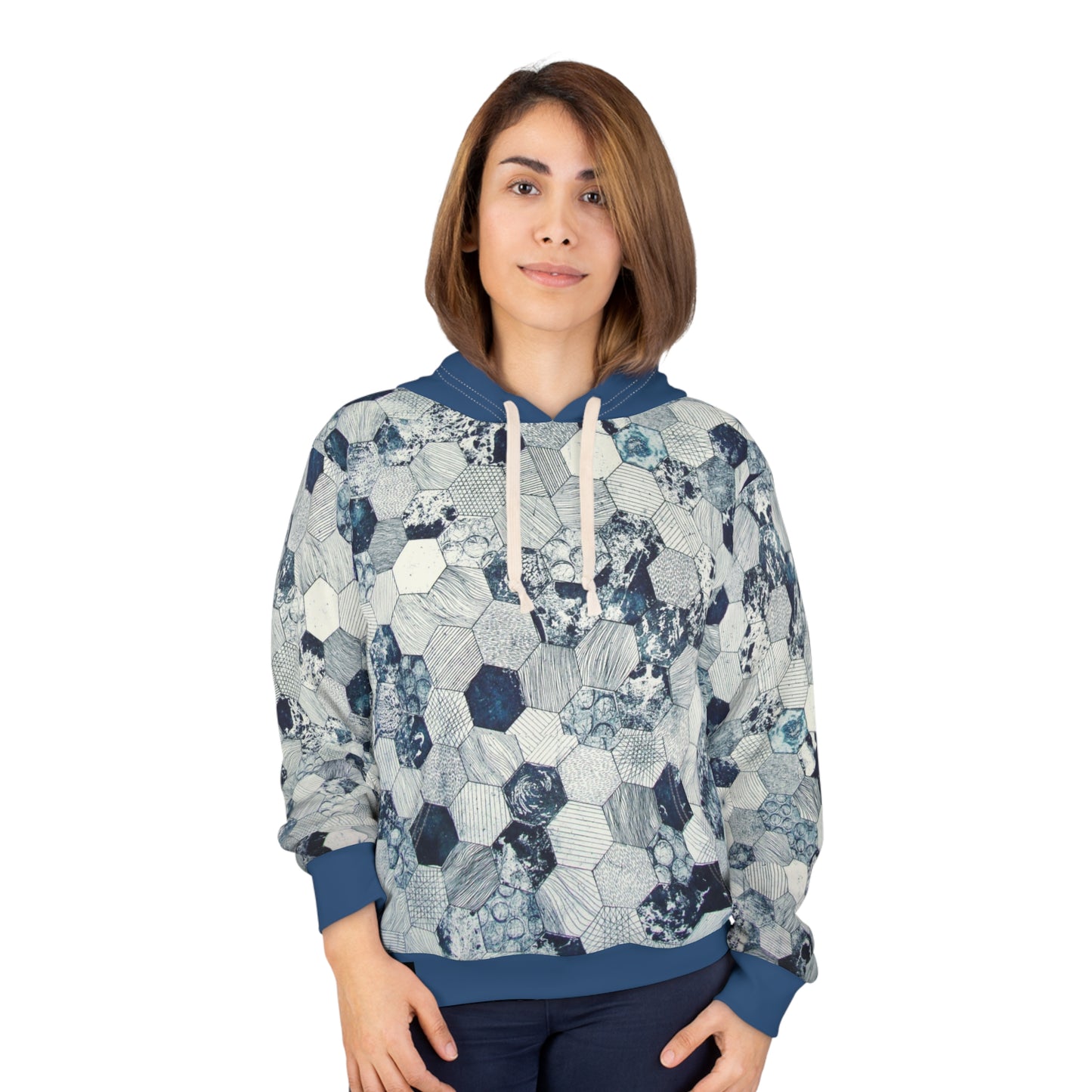 8404 Fashion Pullover Hoodie - "hexagon in Plain Blue Hood" - Men - Women - Unisex - Xs/s/m/l/xl/2xl