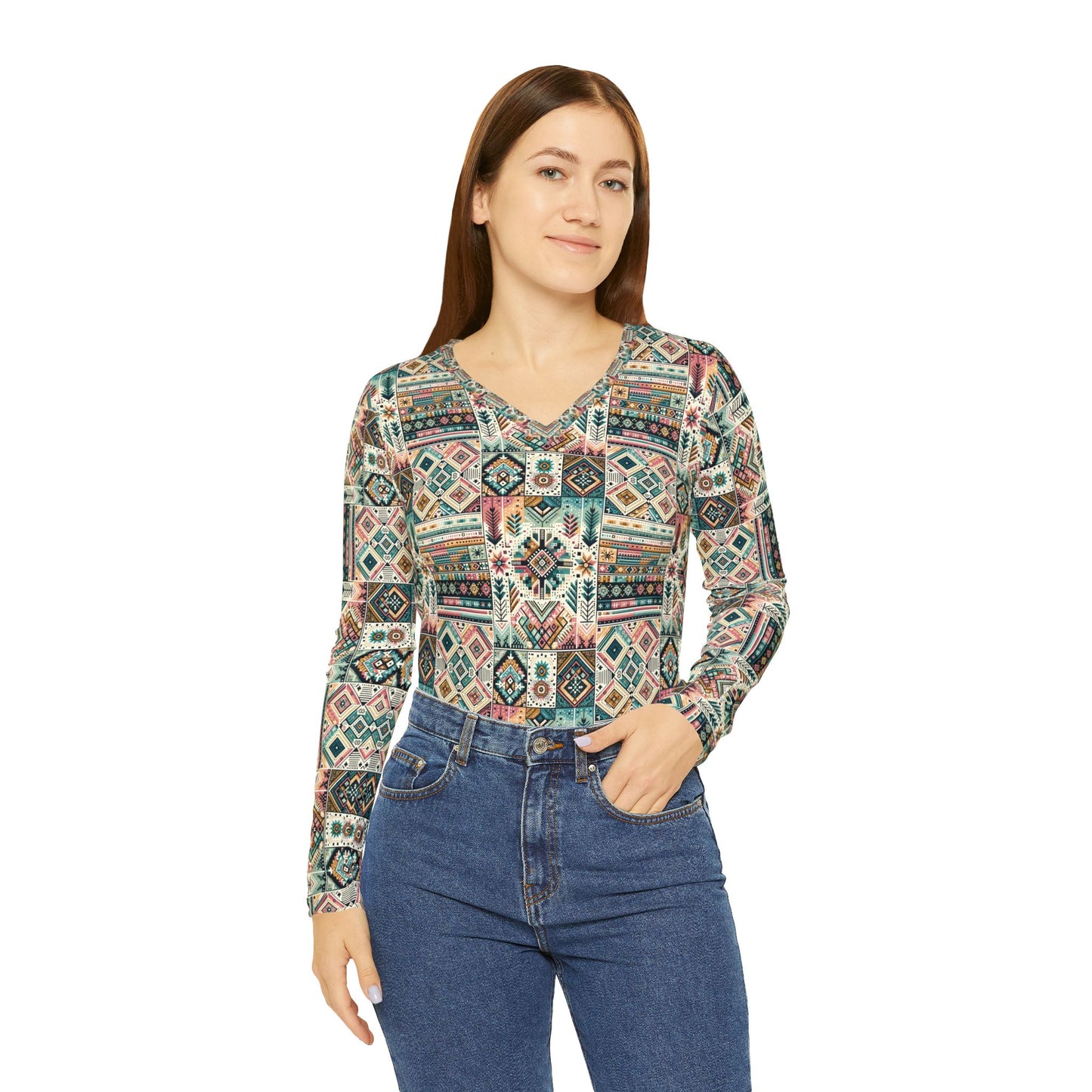 Digital Artisanal Fusion Digital Artisanal Women's Long Sleeve V-Neck Shirt - 8404 Design-49