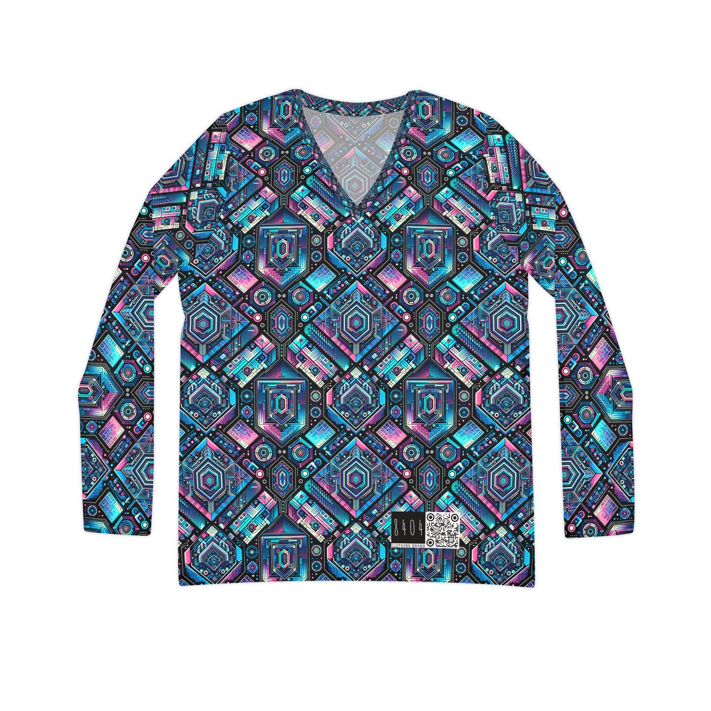 Digital Dreamland Futuristic Tech Aesthetic Women's Long Sleeve V-Neck Shirt - 8404 Design-46