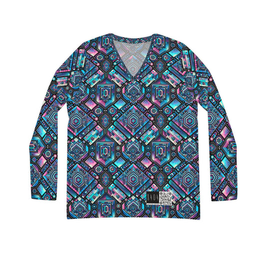 Digital Dreamland Futuristic Tech Aesthetic Women's Long Sleeve V-Neck Shirt - 8404 Design-46