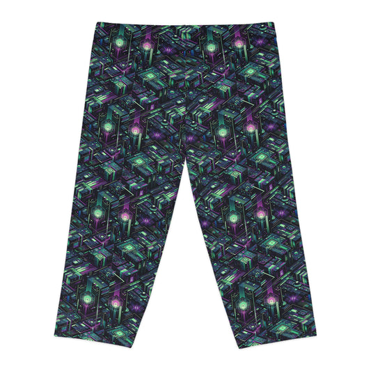 Tech Noir Aesthetics Tech-Forward Urban Dystopia Women's Capri Leggings - 8404 Design-43