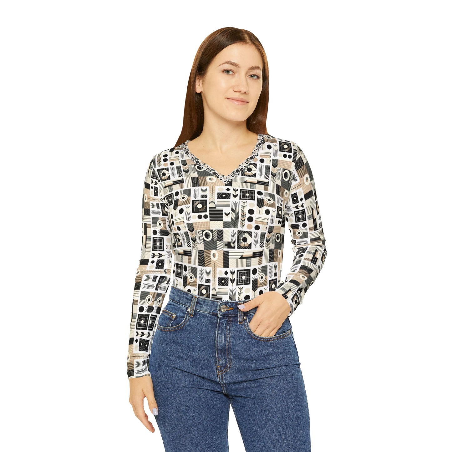 Elevated Athleisure Modern Sophistication With Sporty Elements Women's Long Sleeve V-Neck Shirt - 8404 Design-57