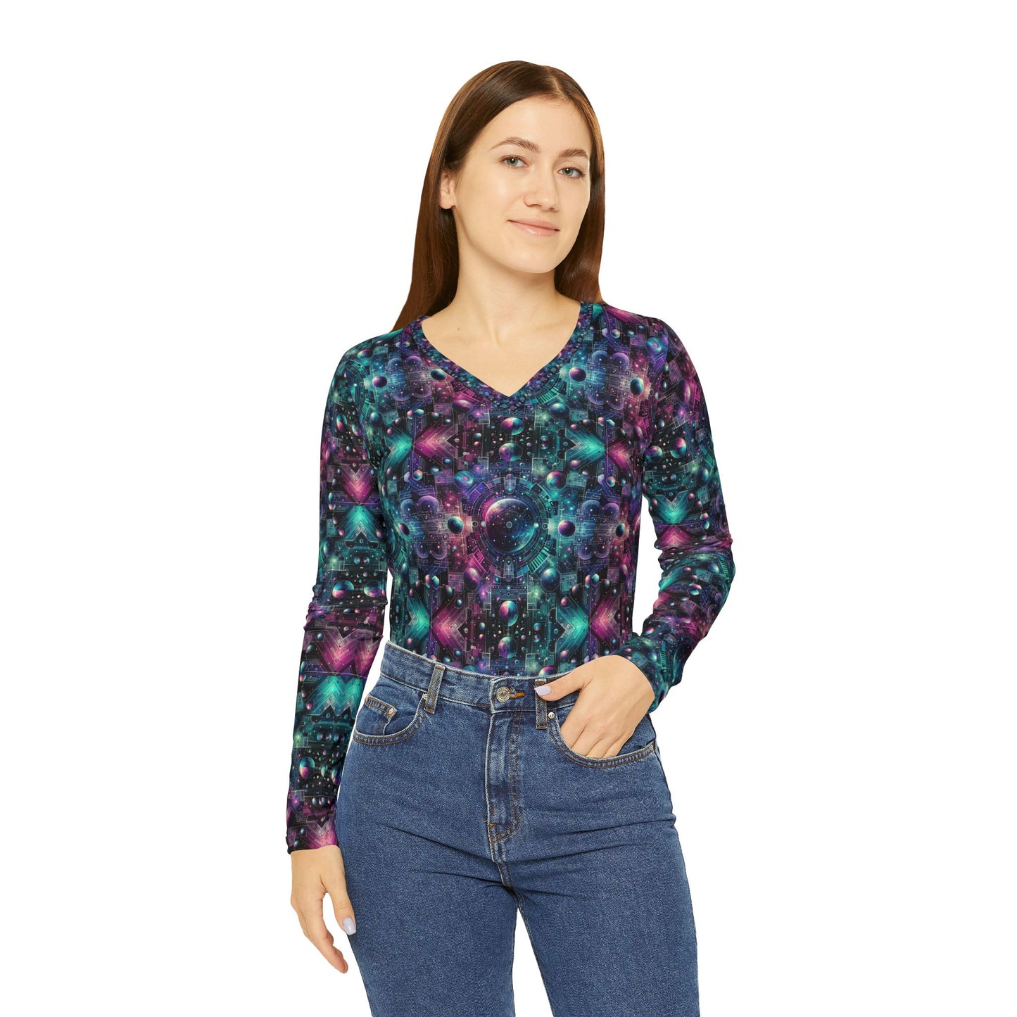 Galactic Hues Tech-Forward Cosmic Fusion Women's Long Sleeve V-Neck Shirt - 8404 Design-59