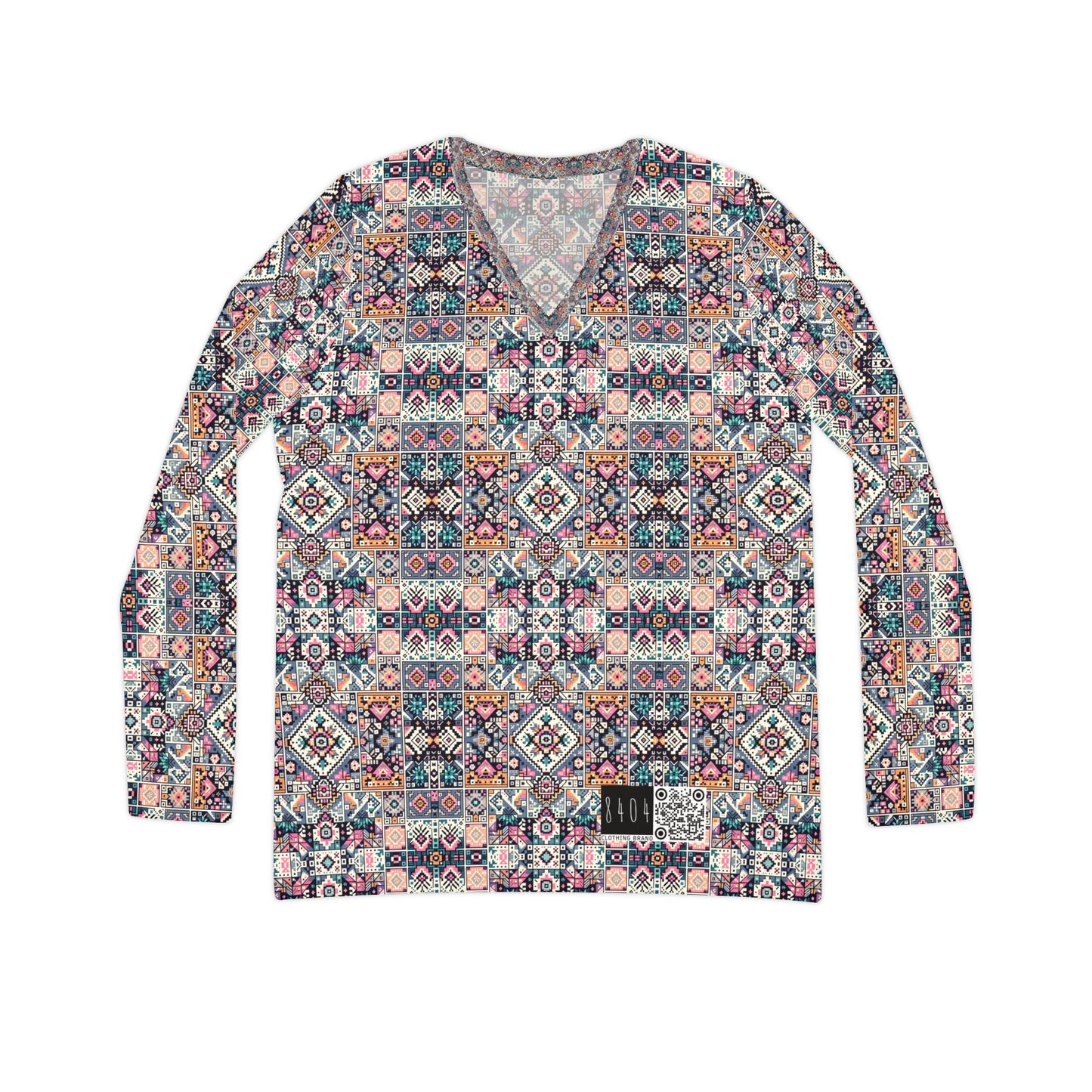 Digital Artisanal Fusion Digital Artisanal Women's Long Sleeve V-Neck Shirt - 8404 Design-65