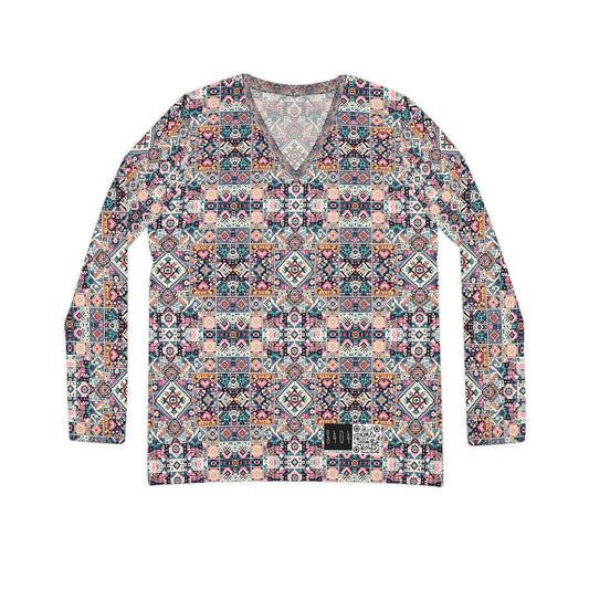 Digital Artisanal Fusion Digital Artisanal Women's Long Sleeve V-Neck Shirt - 8404 Design-65