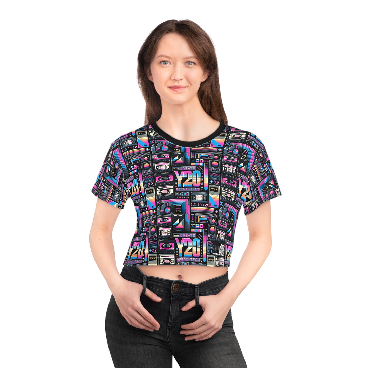 Digital Nostalgia Tech-Inspired Retro Fusion Crop Tee - 8404 Design-65