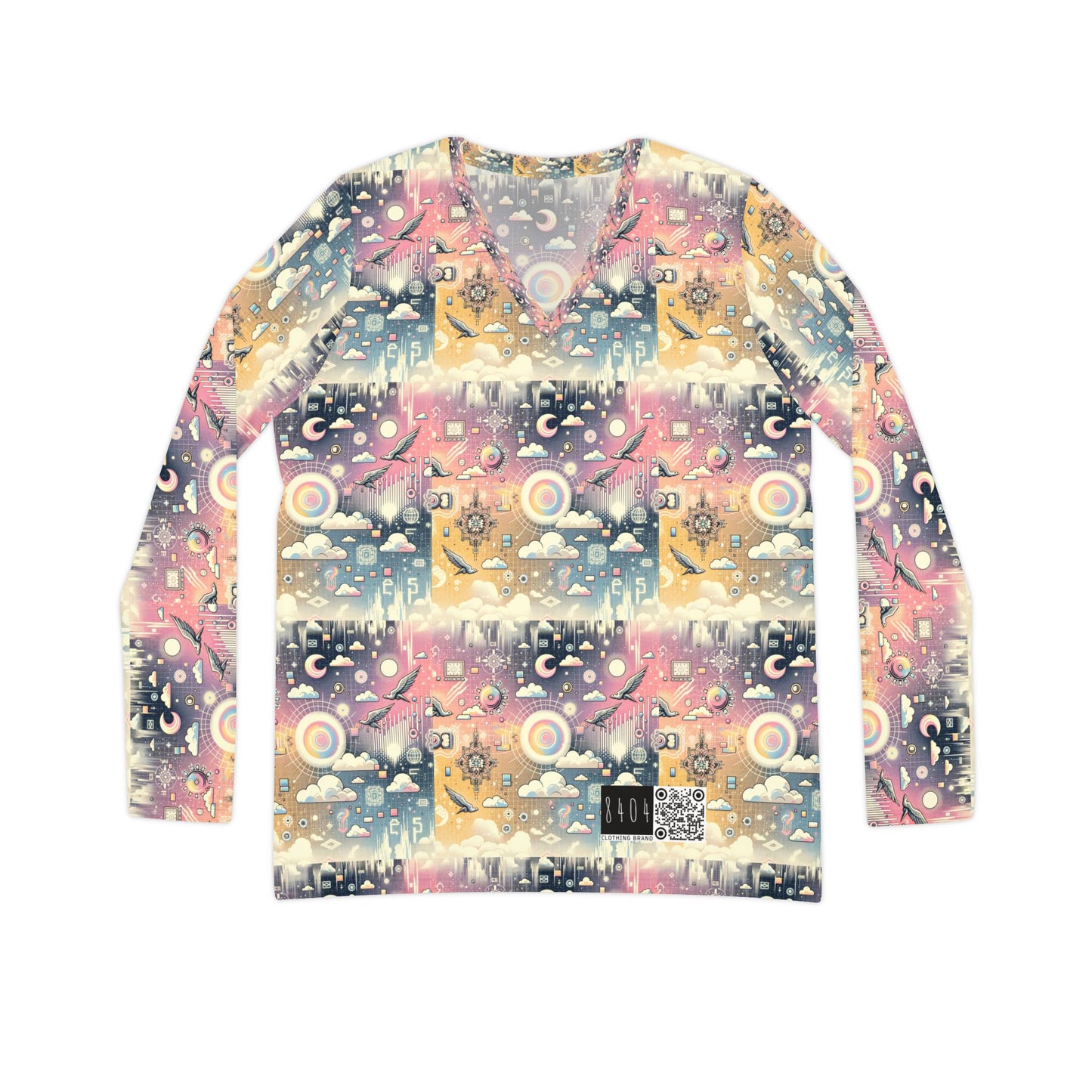 Digital Dreamland Whimsical and Nostalgic Streetwear With a Digital Twist Women's Long Sleeve V-Neck Shirt - 8404 Design-69