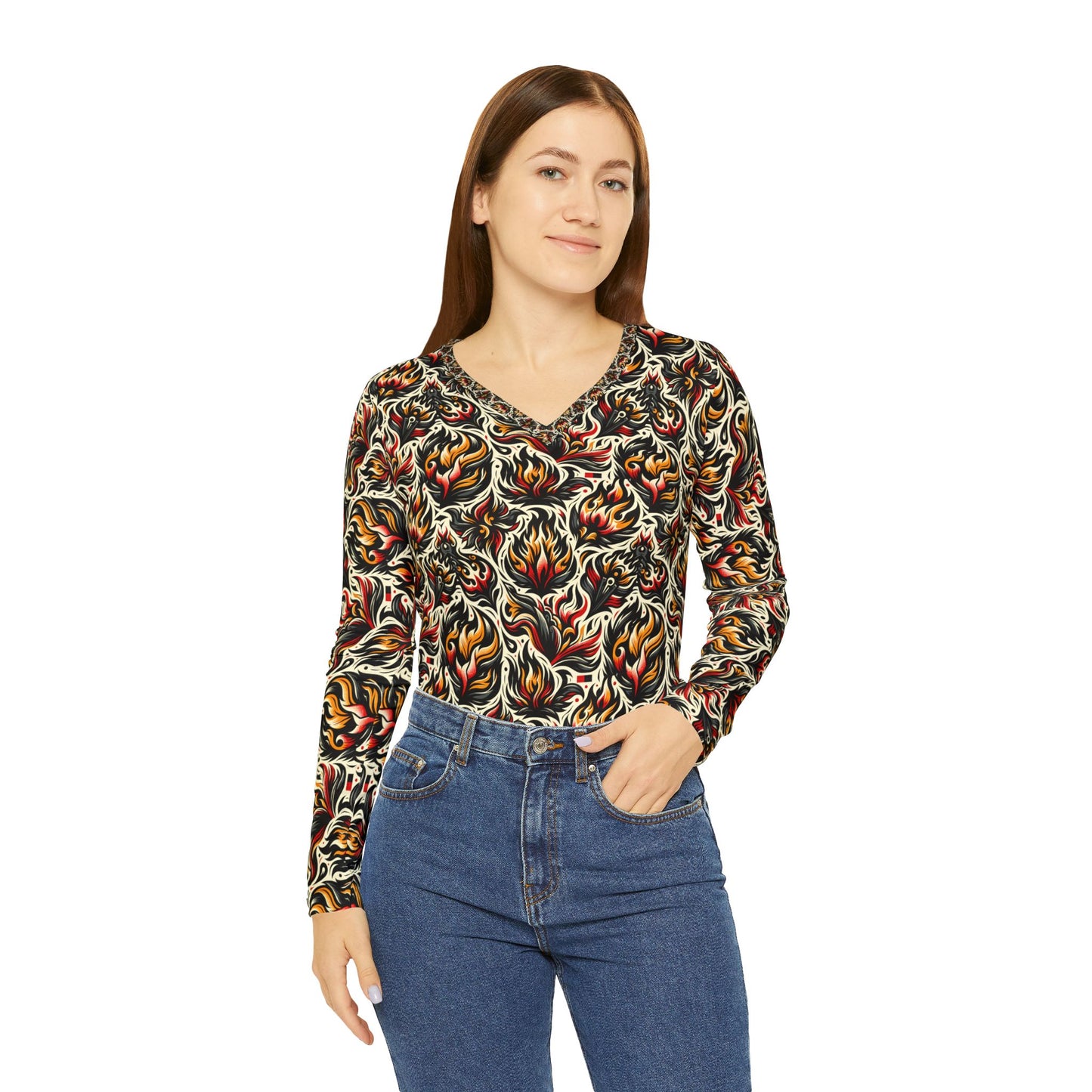 Fire & Flames Bold Streetwear Statement Women's Long Sleeve V-Neck Shirt - 8404 Design-57