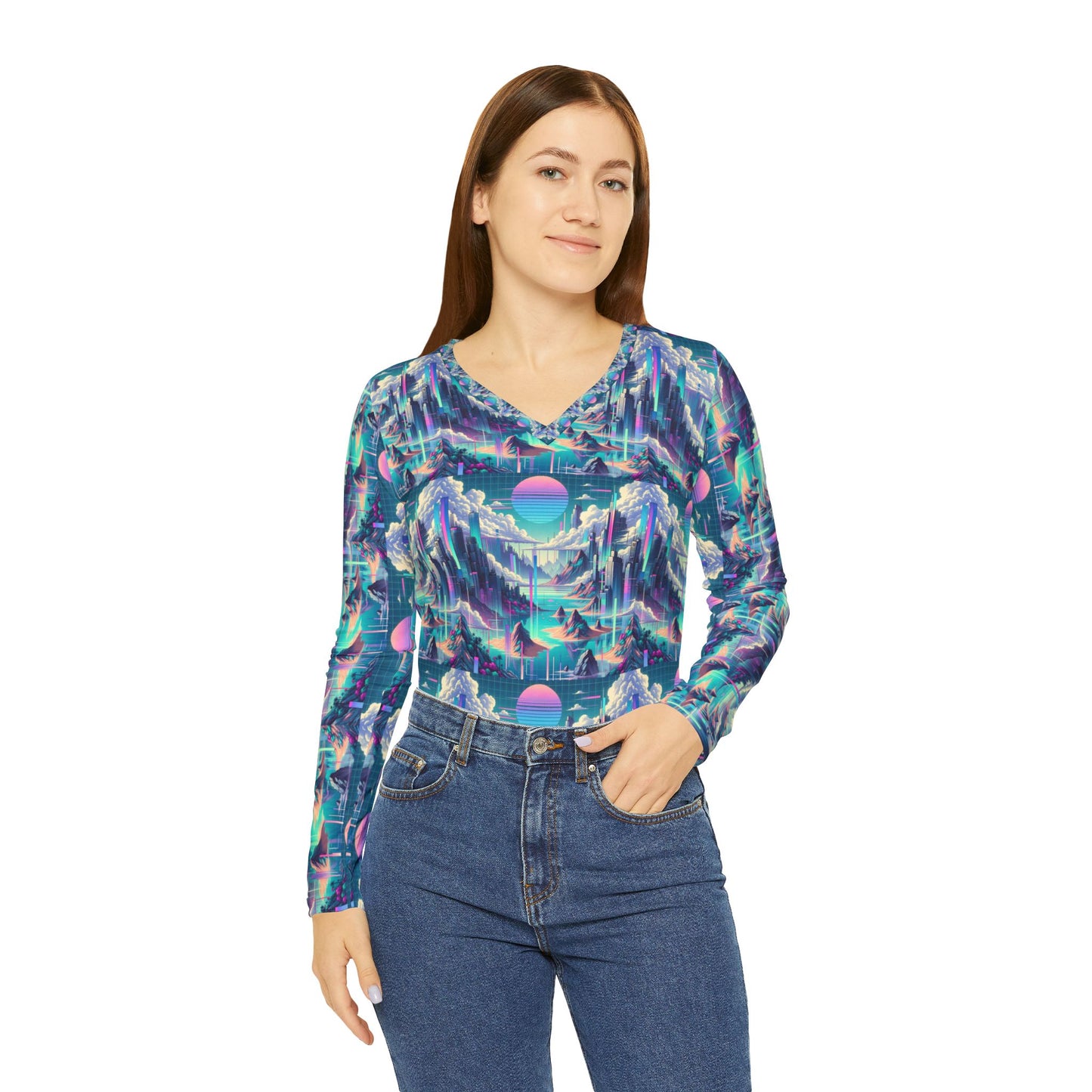 Digital Dreamscapes Digitally-Inspired Streetwear With a Dreamy, Surreal Twist Women's Long Sleeve V-Neck Shirt - 8404 Design-53